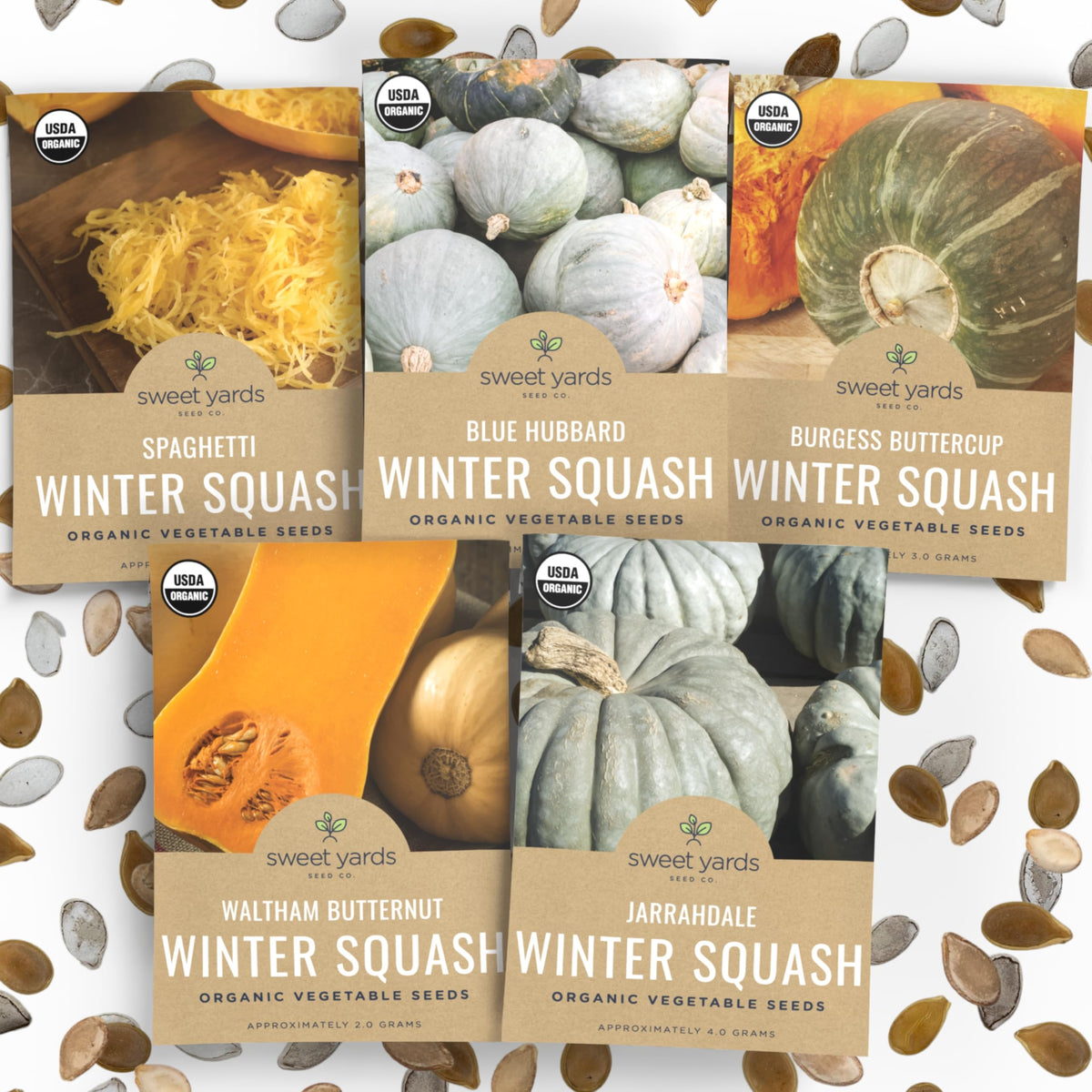 Sweet Yards Organic Winter Squash Variety Pack showing diverse seeds for a bountiful harvest.