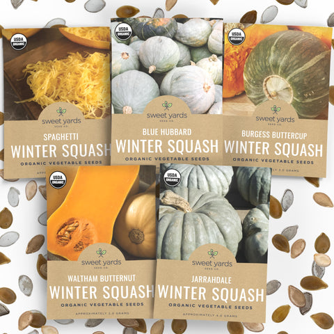 Sweet Yards Organic Winter Squash Variety Pack showing diverse seeds for a bountiful harvest.