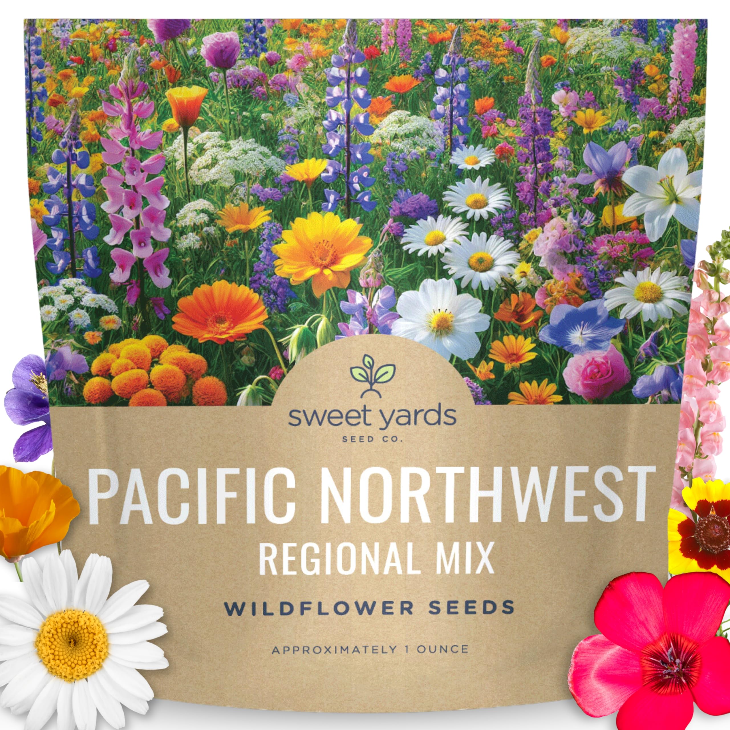 Sweet Yards Pacific Northwest wildflower packet front view for a vibrant pollinator garden.
