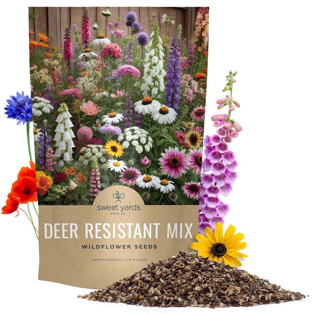 Sweet Yards packaging for deer-resistant wildflower seed mix highlights premium storage and gift-ready design.