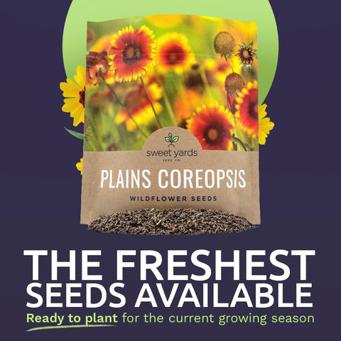 Sweet Yards Plains Coreopsis seeds with fresh-label close-up.