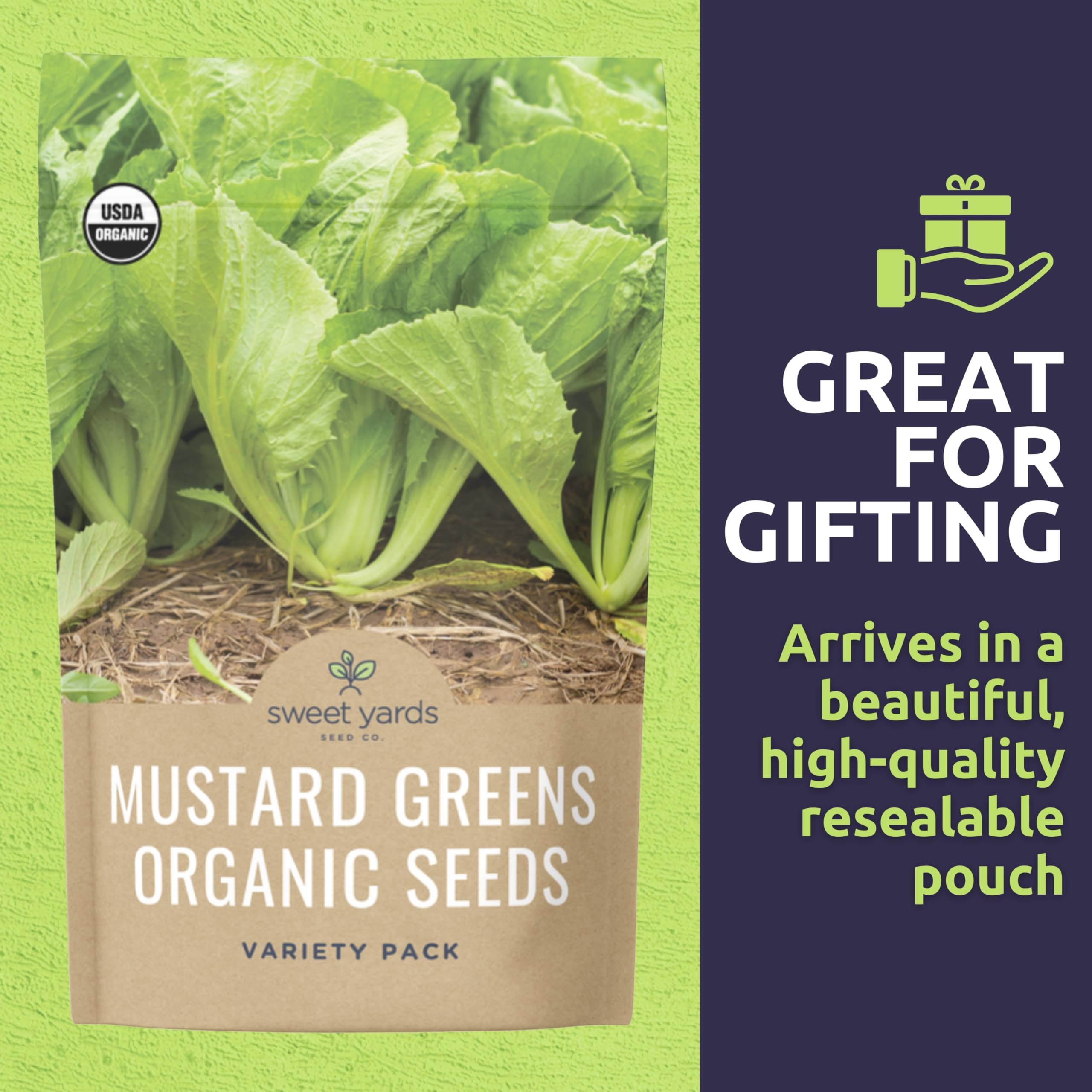 Sweet Yards premium gift packaging with reusable zipper keeps seeds organized.