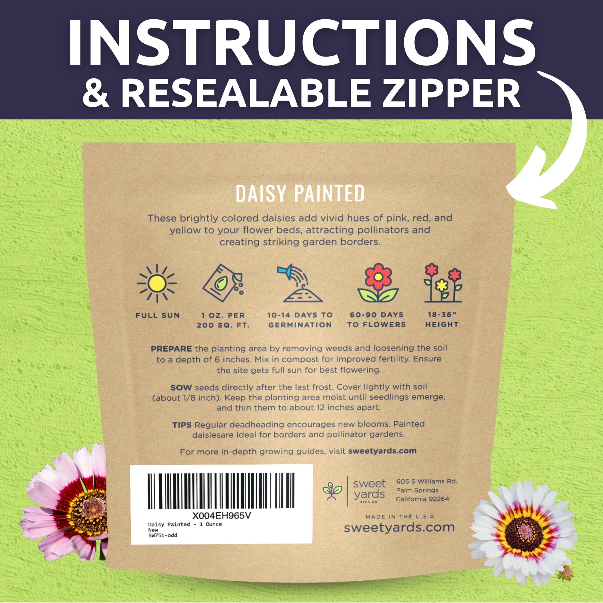 Sweet Yards Premium seed packaging with instructions keeps seeds fresh