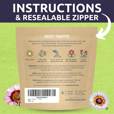 Sweet Yards Premium seed packaging with instructions keeps seeds fresh