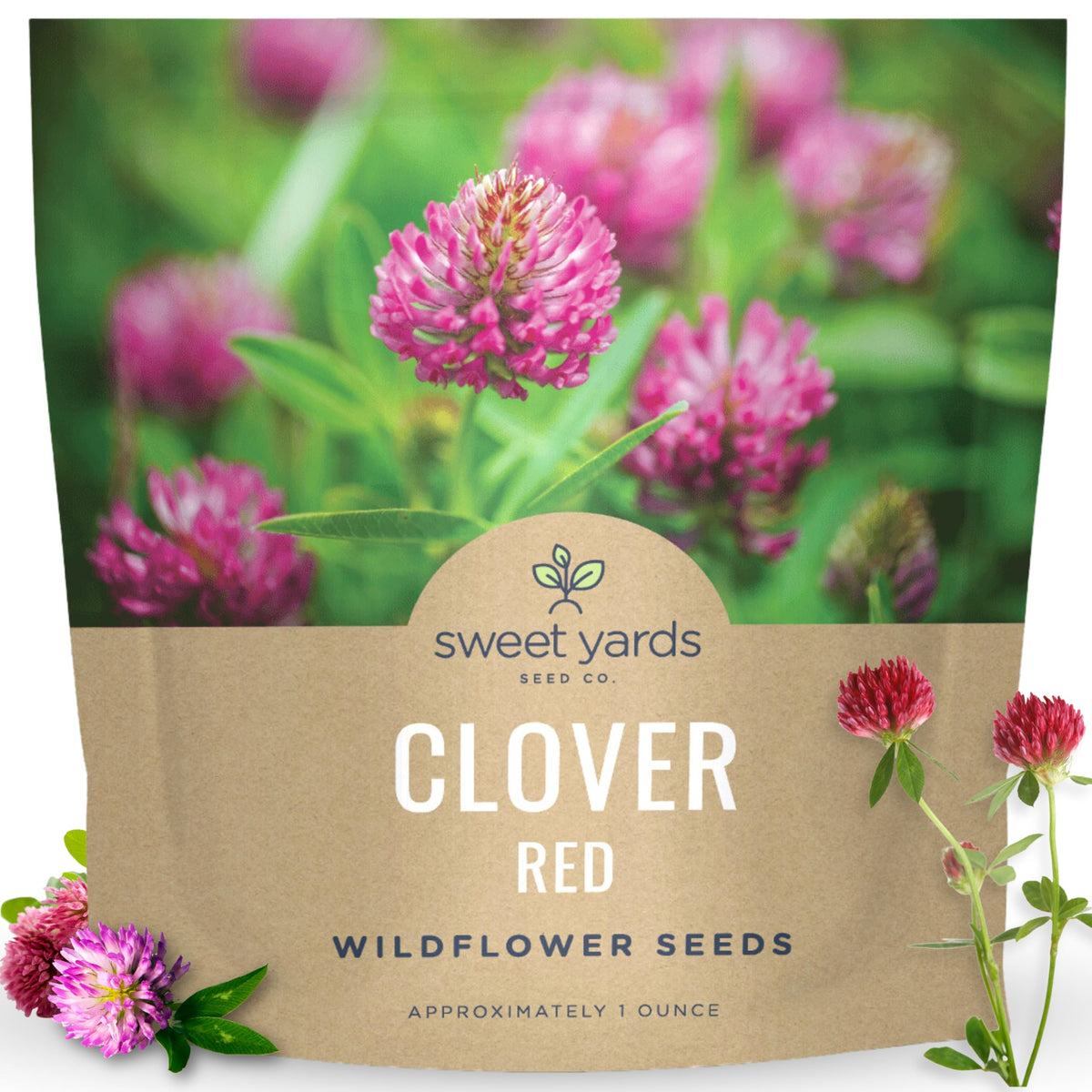 Sweet Yards Red Clover seed packet showing a generous 1 oz pack for easy beginner planting.