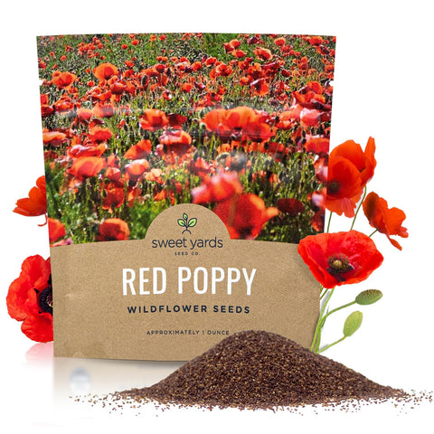 Sweet Yards red poppy seeds in a large 1-ounce packet for dense garden coverage.
