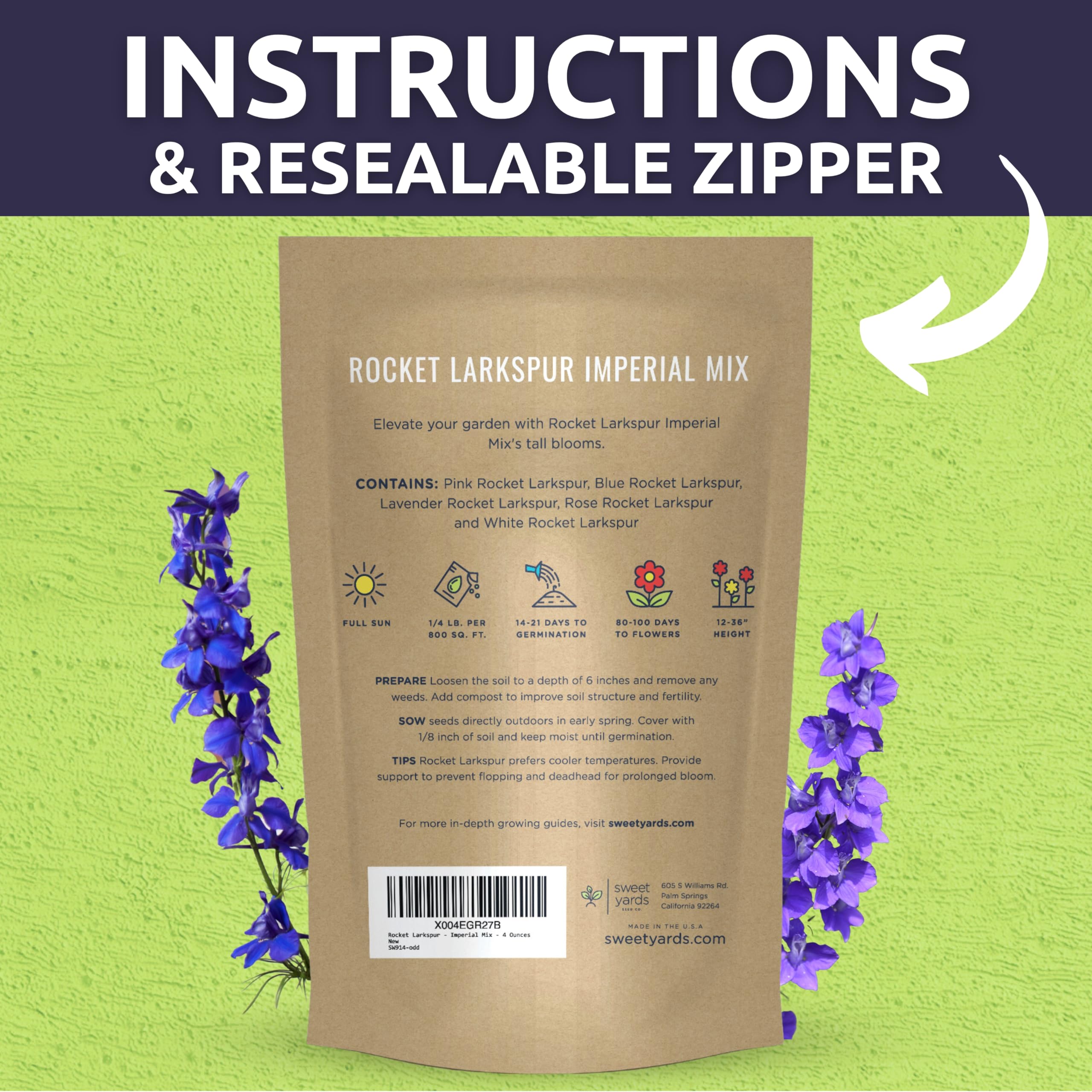 Sweet Yards Rocket Larkspur Imperial Mix border display in a sunny garden