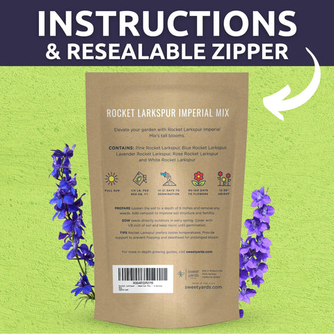Sweet Yards Rocket Larkspur Imperial Mix border display in a sunny garden