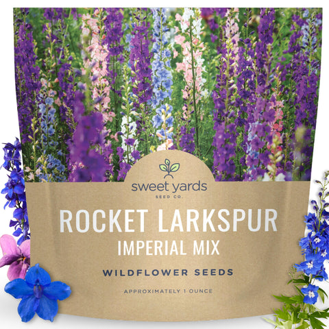Sweet Yards Rocket Larkspur Imperial Mix seed packet ready for spring planting