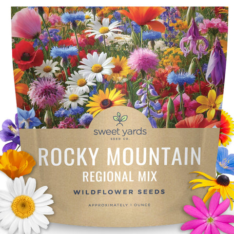 Sweet Yards Rocky Mountain Regional Mix 1oz front view seed packet ready for planting a vibrant wildflower patch.