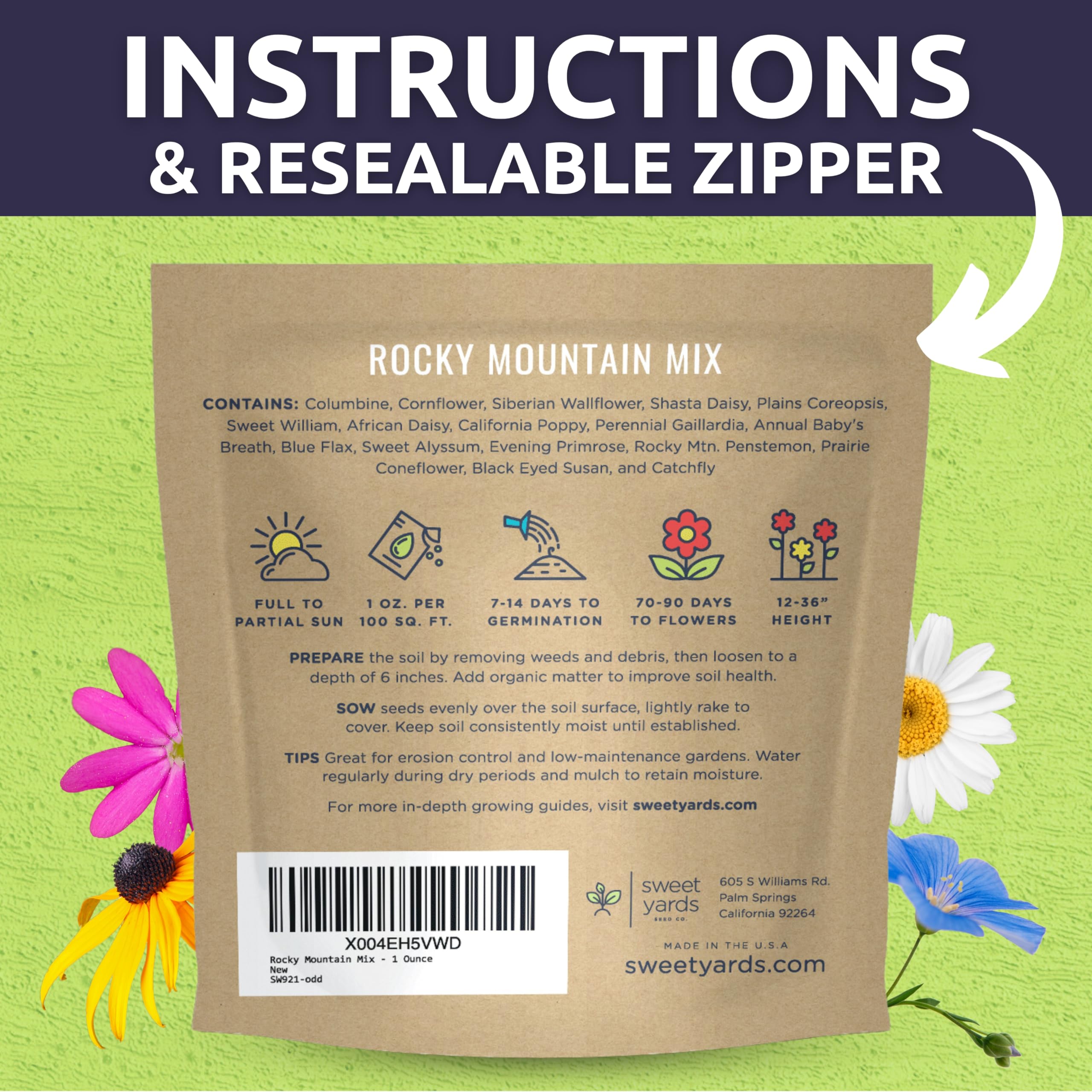 Sweet Yards packet open, showing clear planting instructions and premium storage packaging.