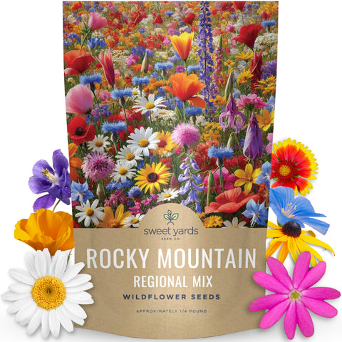 Sweet Yards Rocky Mountain Regional Mix pouch with native seeds for a vibrant display.