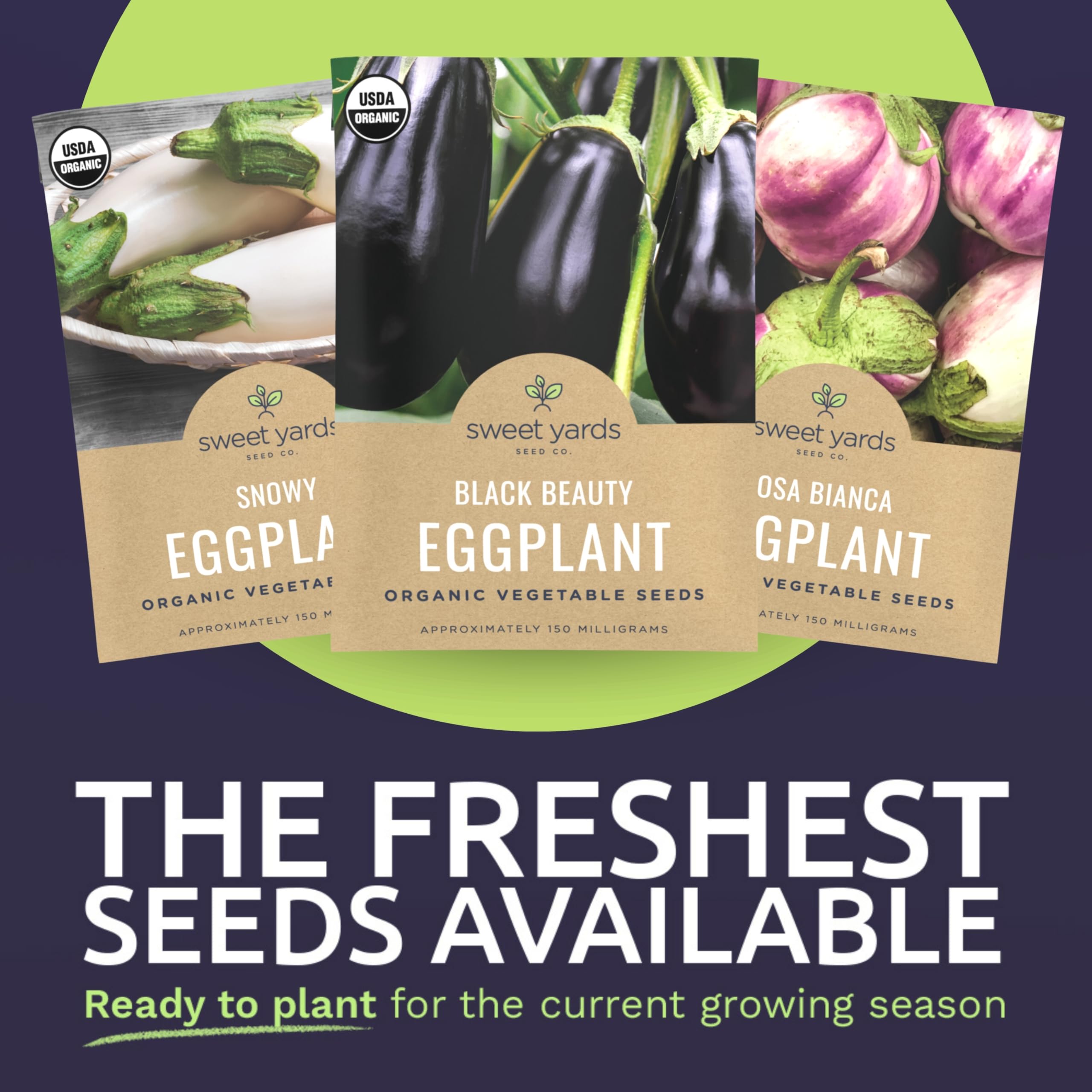 SWEET YARDS Rosa Bianca eggplant seeds packet showcases elegant purple-white fruits.