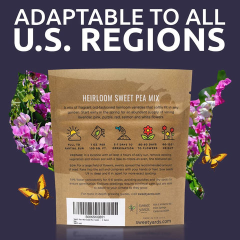 Sweet Yards Royal Mix packaging includes planting instructions and a reusable zipper
