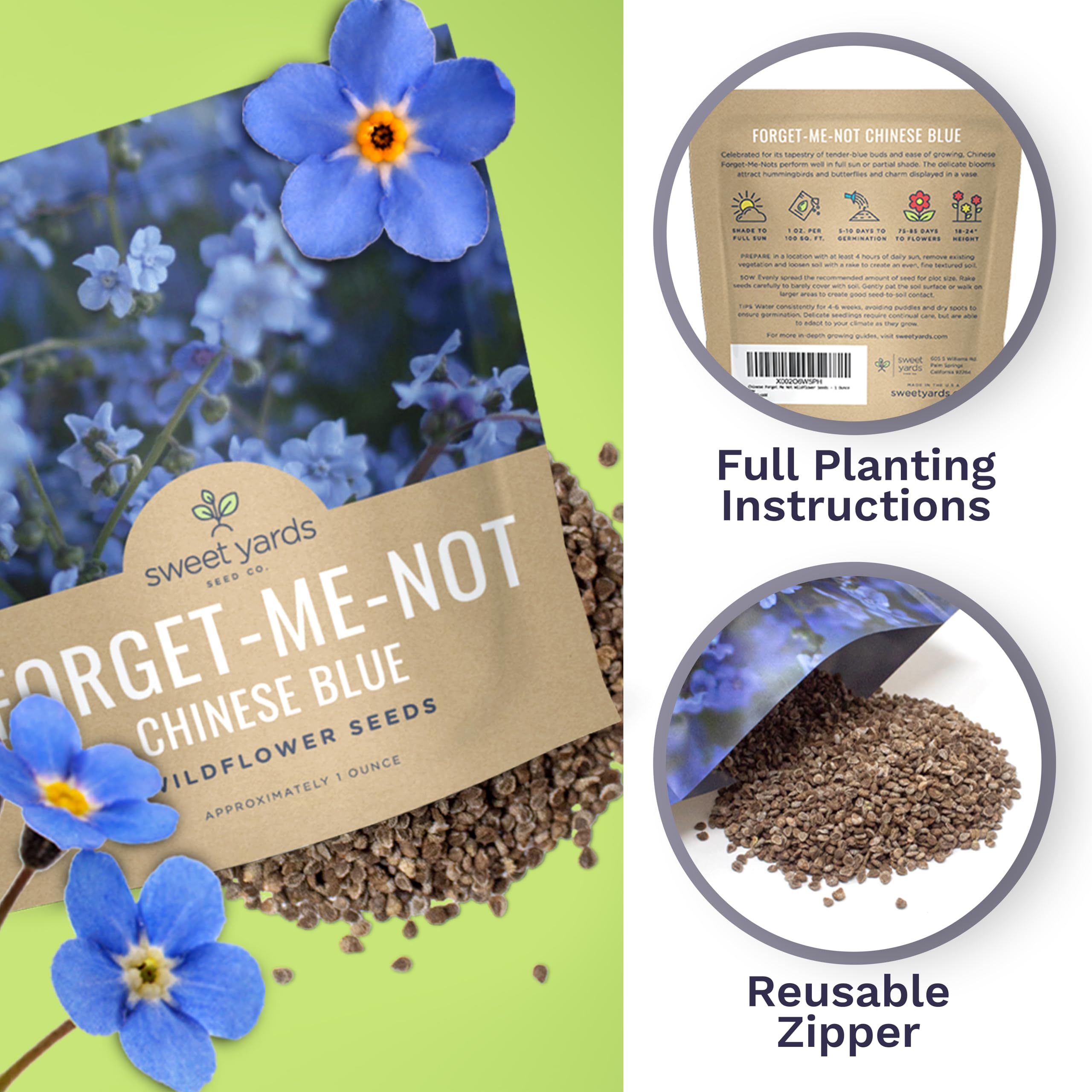 Sweet Yards resealable seed packaging preserves freshness and storage life