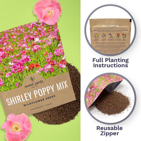 Sweet Yards Shirley Poppy Seeds premium packaging with reusable zipper and instructions