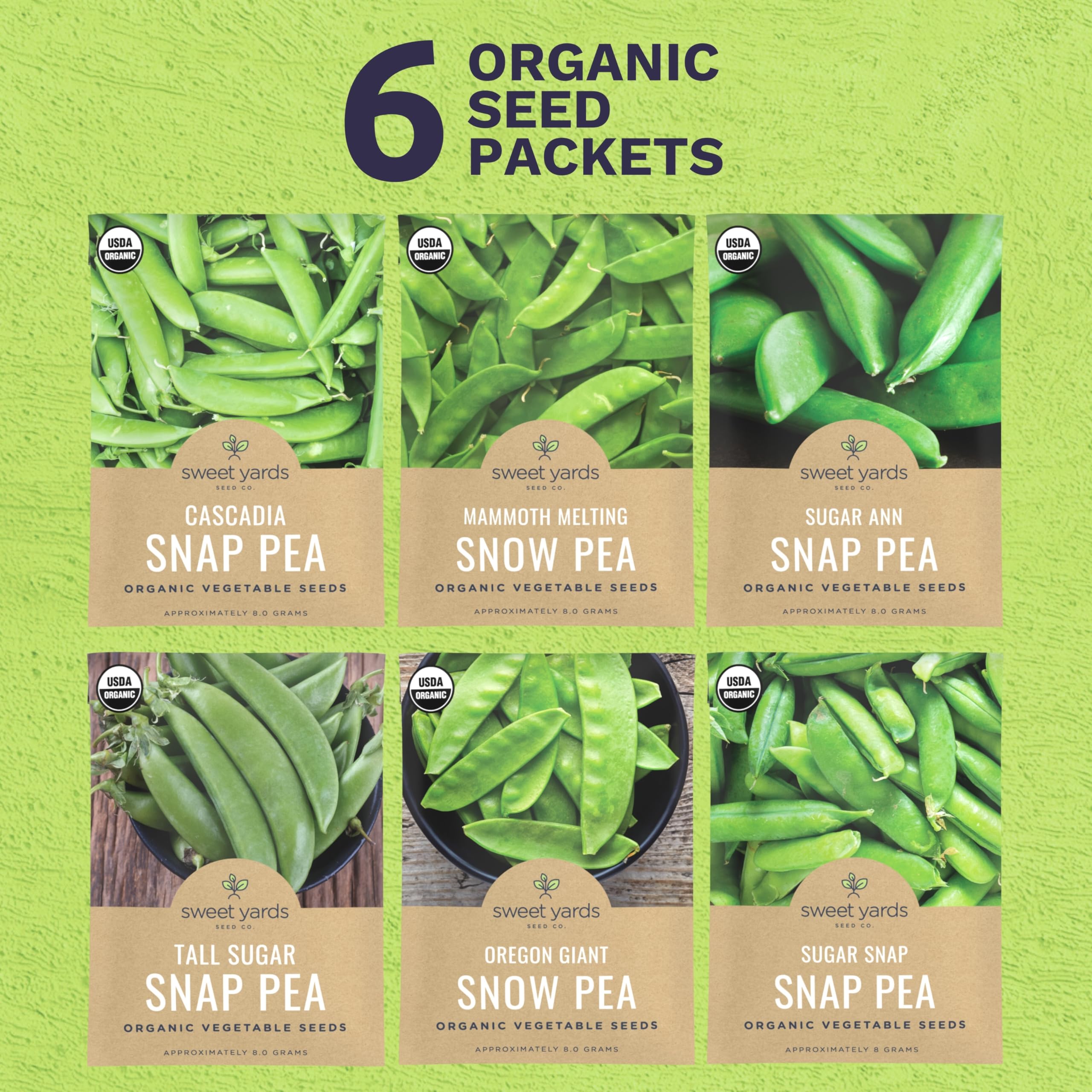 Sweet Yards six seed packets offer diverse varieties for continuous homegrown peas.