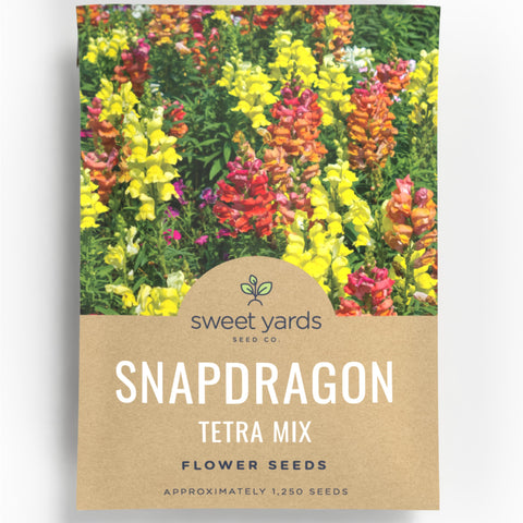 Sweet Yards Snapdragon Tetra Mix envelope ready for sowing in a sunny bed with 1,250 seeds