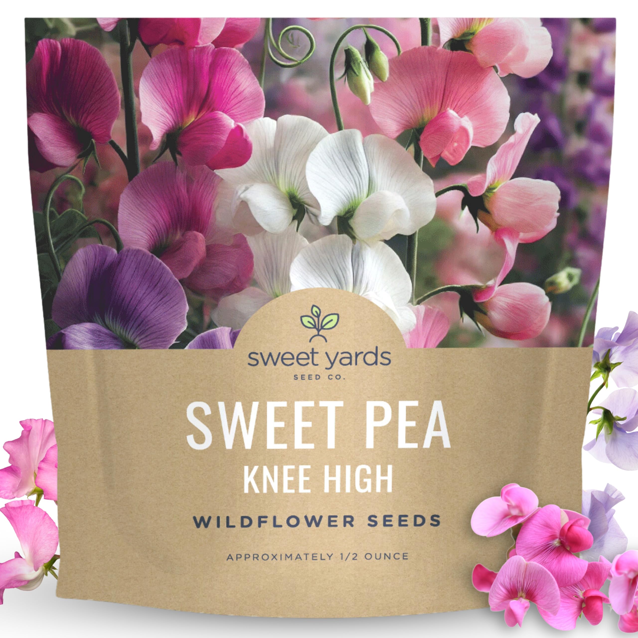 Sweet Yards Sweet Pea Knee High packet closeup showing 0.5 oz of seeds for vibrant blooms
