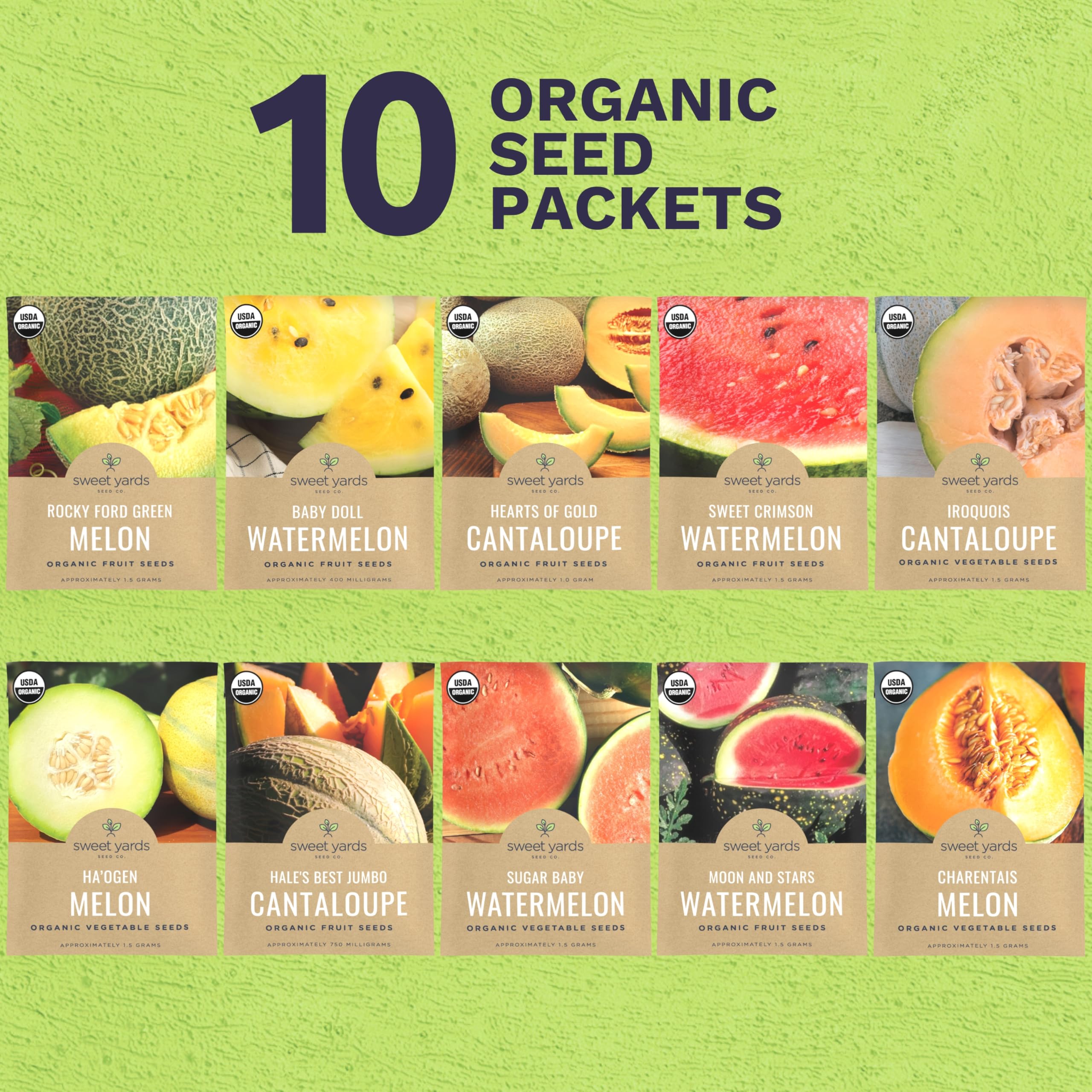 Sweet Yards Ten Seed Packets Spread displays diverse melon varieties for a vibrant harvest