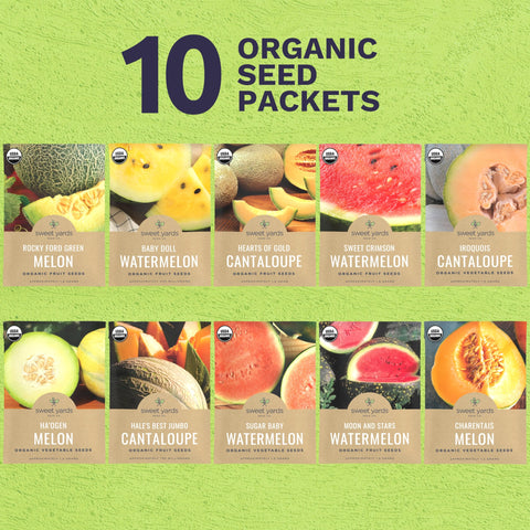 Sweet Yards Ten Seed Packets Spread displays diverse melon varieties for a vibrant harvest
