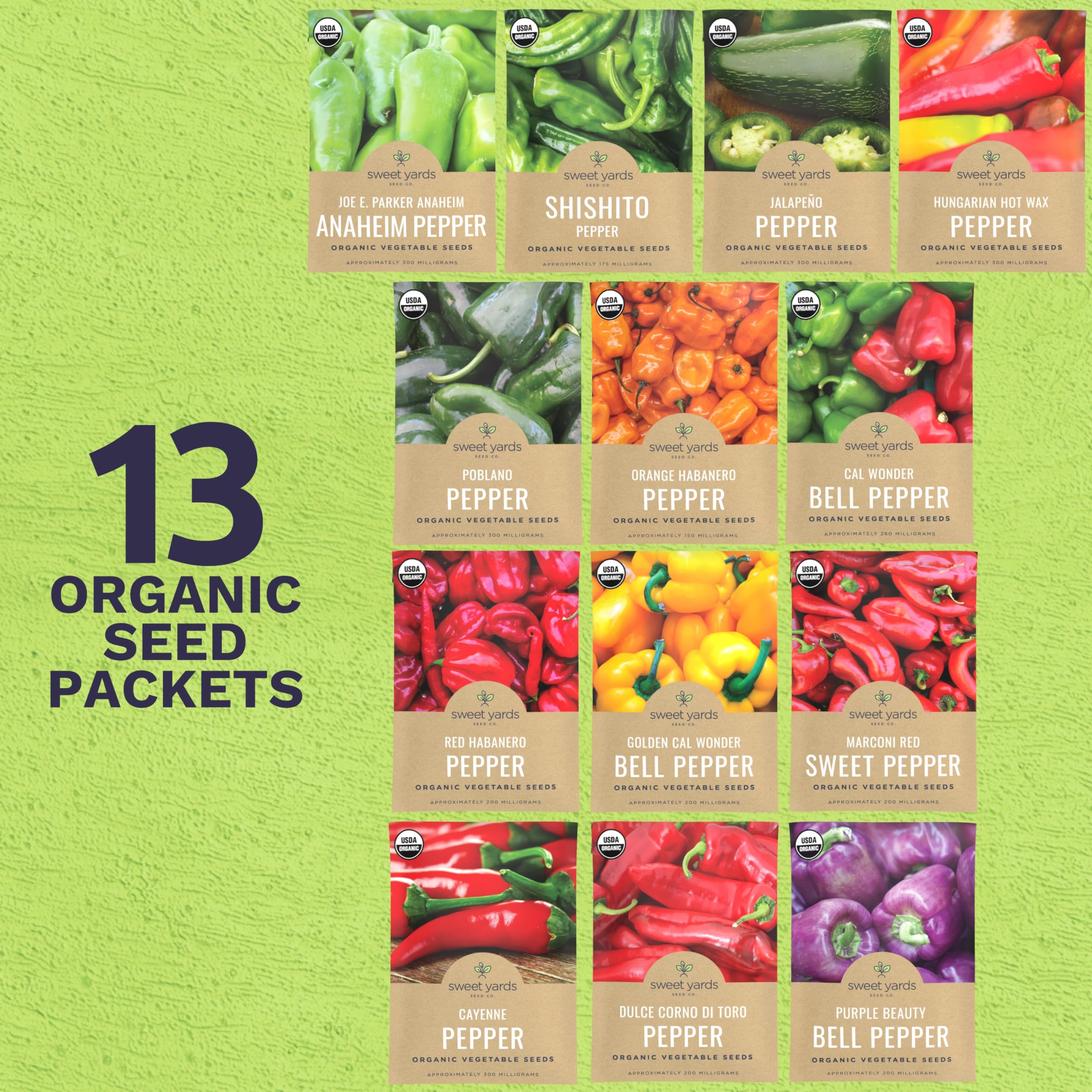 Sweet Yards thirteen packets display diverse peppers for fresh meals
