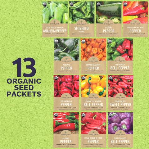 Sweet Yards thirteen packets display diverse peppers for fresh meals