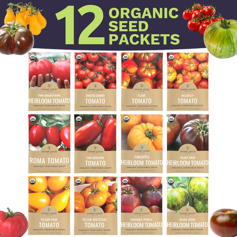 SWEET YARDS twelve tomato seed packets on display for easy selection