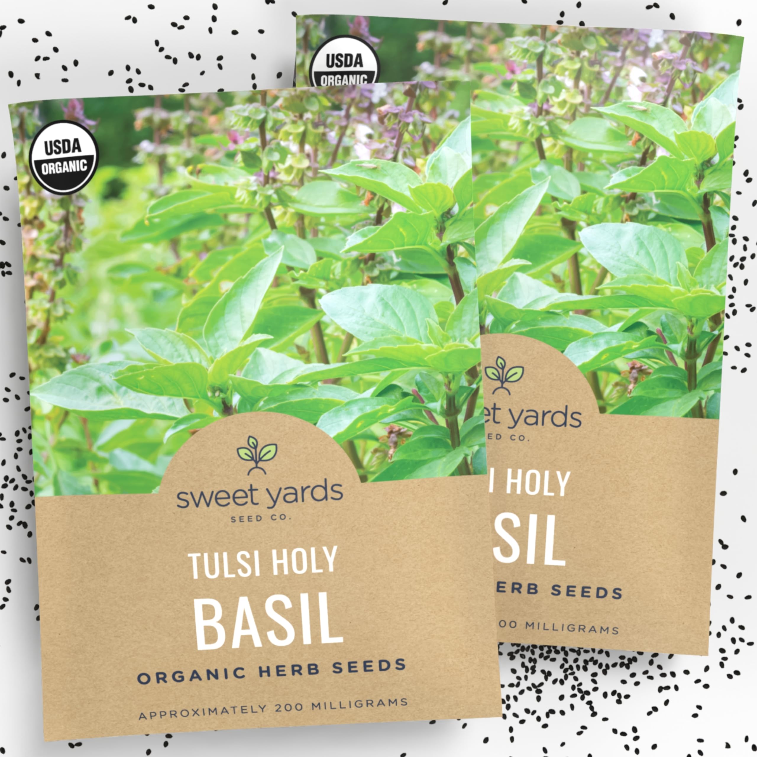 Sweet Yards Tulsi seeds in two-packet set ready for planting in your home garden.