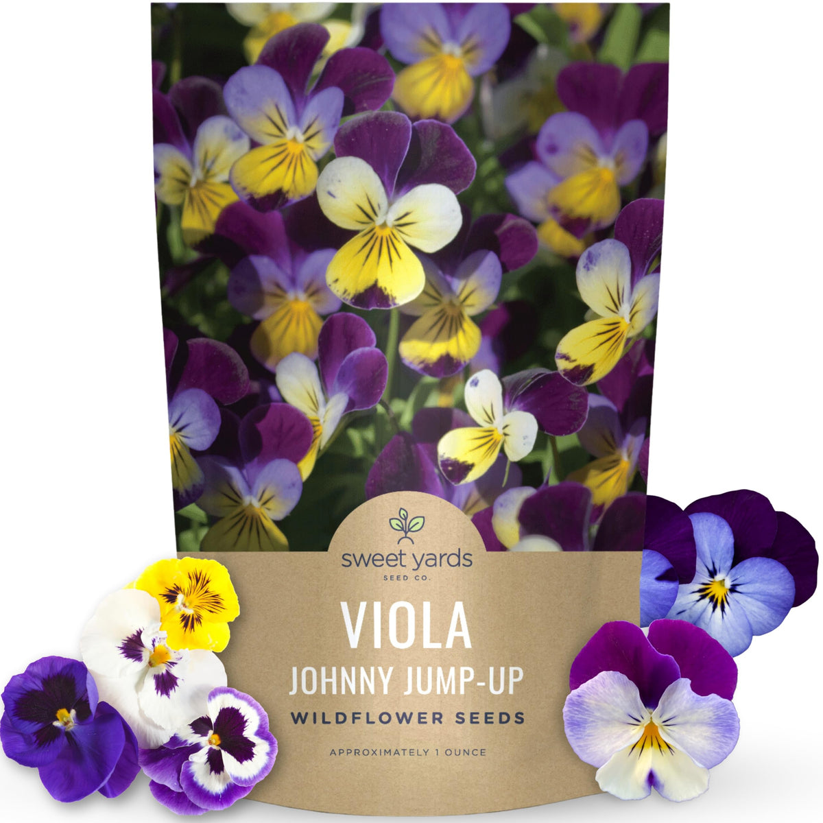Sweet Yards Viola Johnny Jump-Up bulk 1oz pouch ready for sowing in gardens