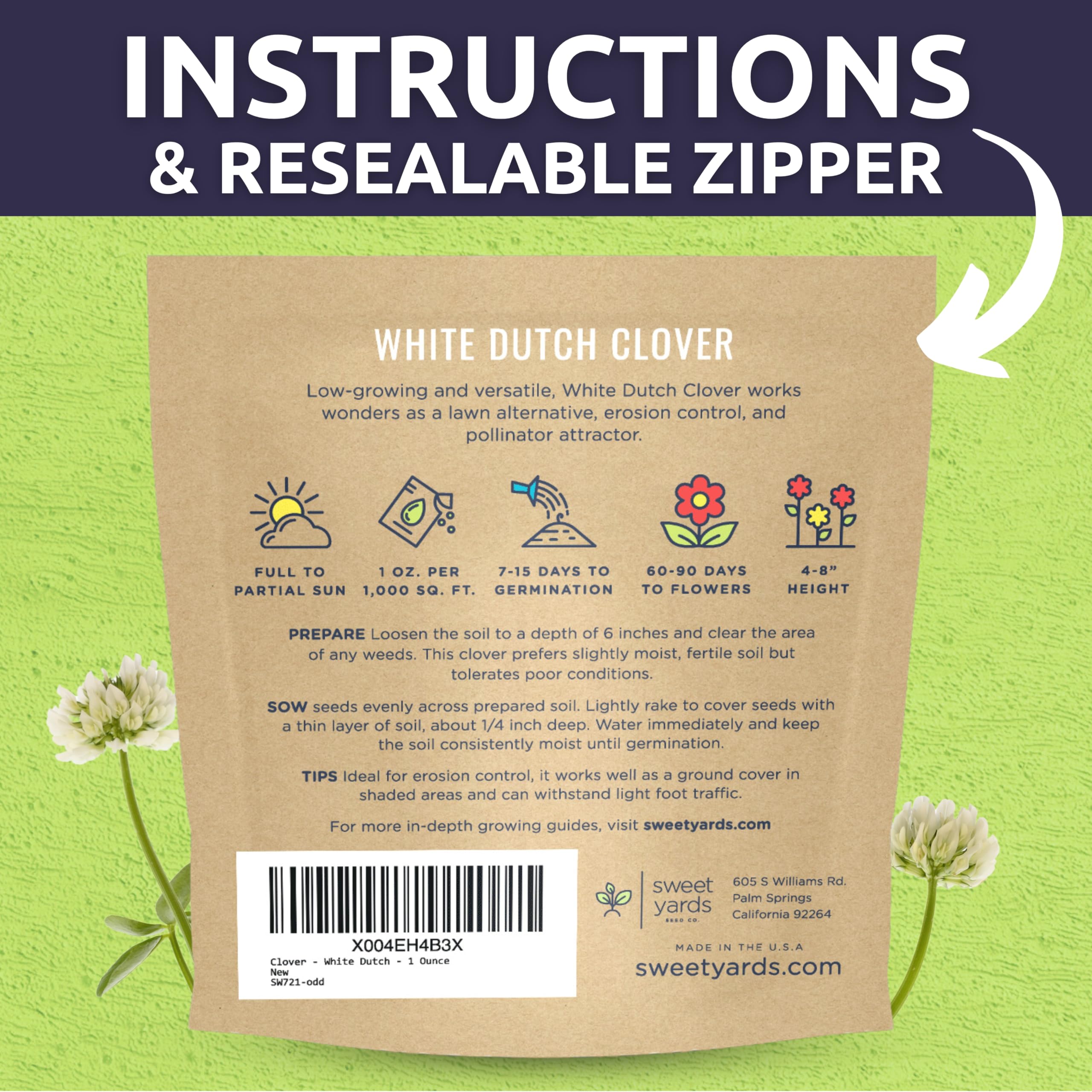 SWEET YARDS White Dutch Clover meadow bloom attract pollinators and brighten landscape.