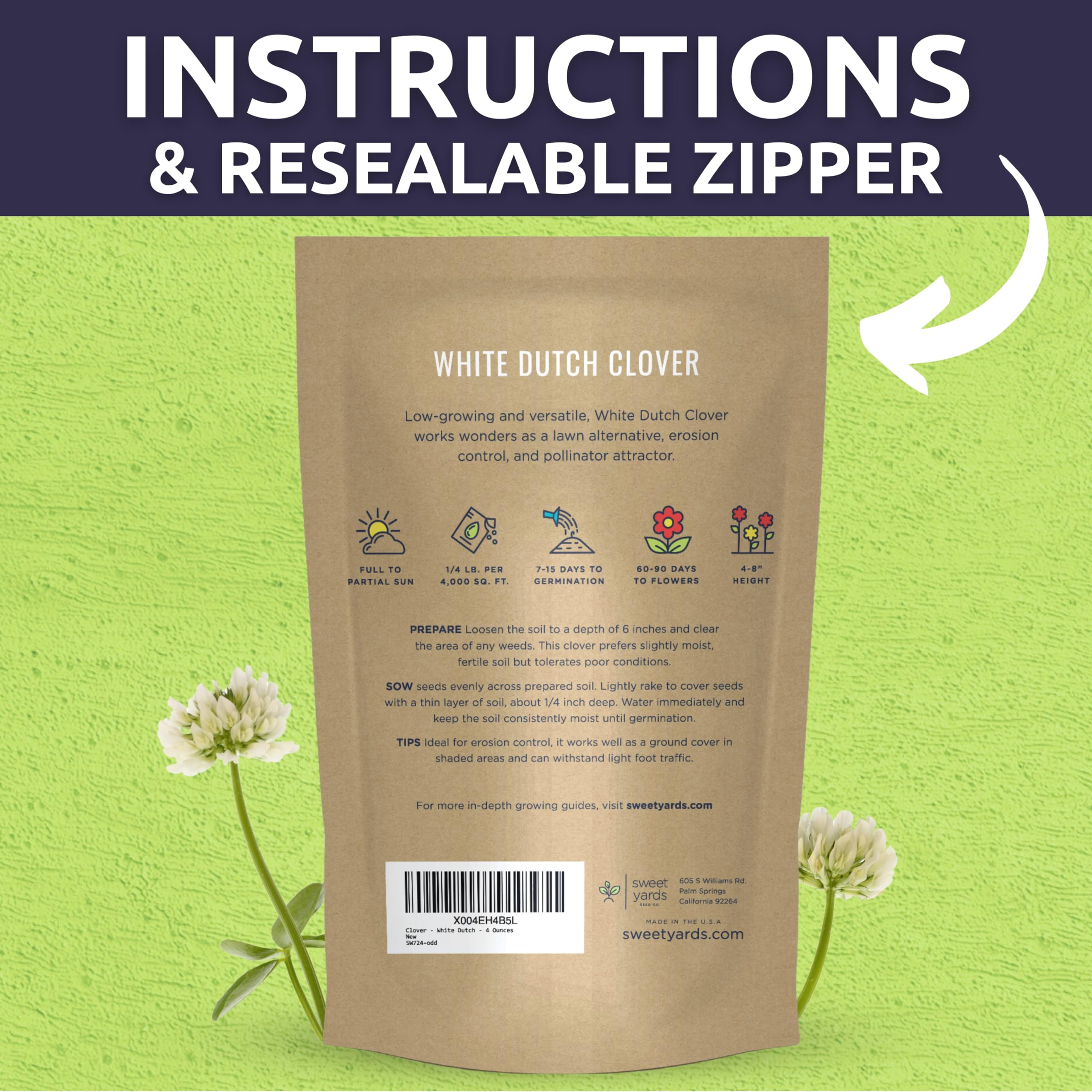 Sweet Yards White Dutch Clover supports soil health through nitrogen fixation.