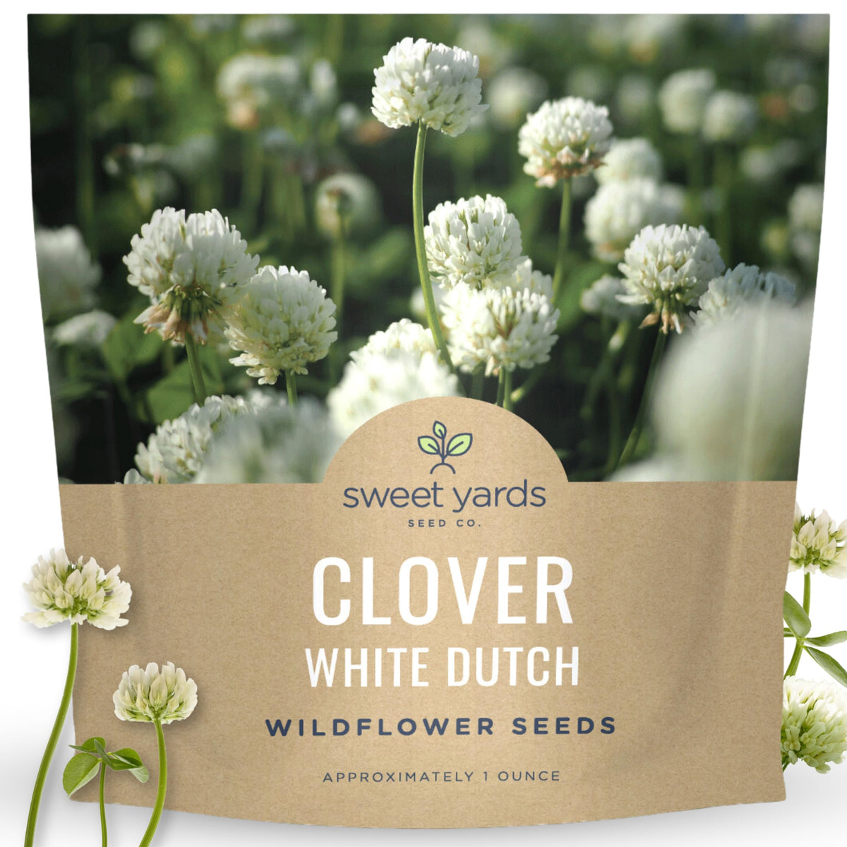 SWEET YARDS White Dutch Clover packet front view, ideal for starting a 1,000 sq ft meadow.