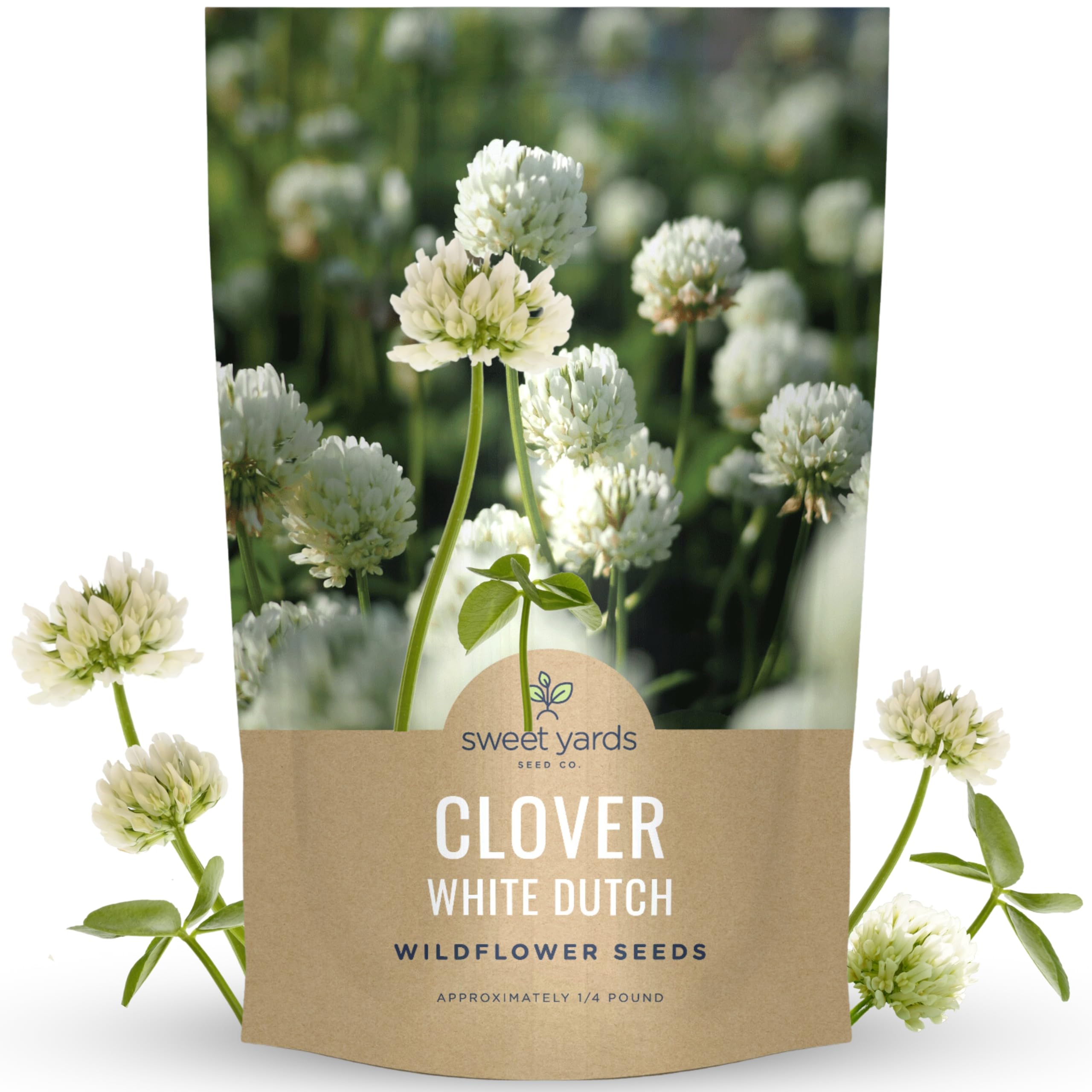 Sweet Yards White Dutch Clover seeds in a 4oz pouch for lush ground cover.
