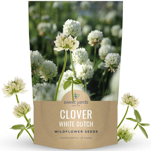 Sweet Yards White Dutch Clover seeds in a 4oz pouch for lush ground cover.