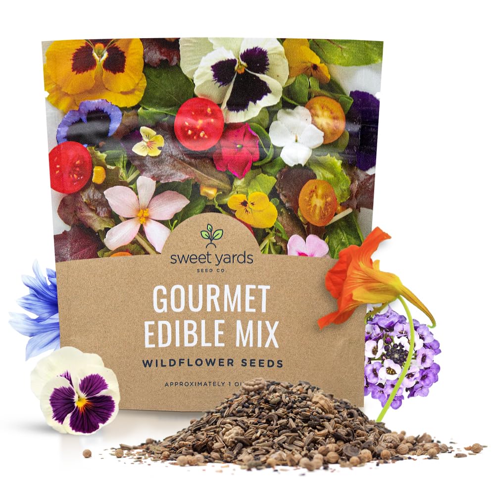 Sweet Yards wildflower edible flowers mix seed packet shows 16 varieties for colorful harvest