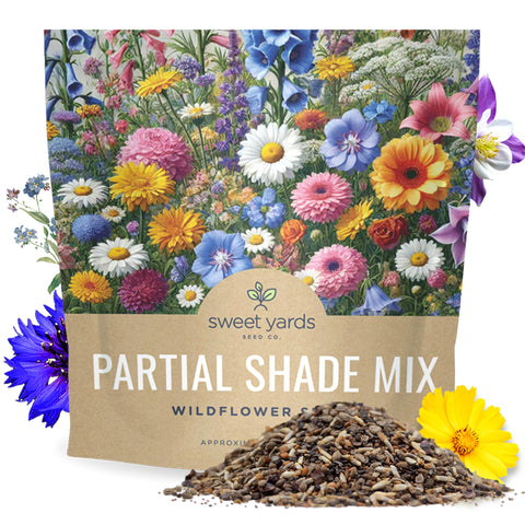Sweet Yards wildflower seeds partial shade packaging showing large packet for up to 100 sq ft.