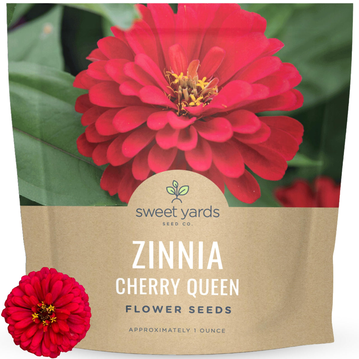 Sweet Yards Zinnia Cherry Queen seeds in packet for sowing and garden transformation