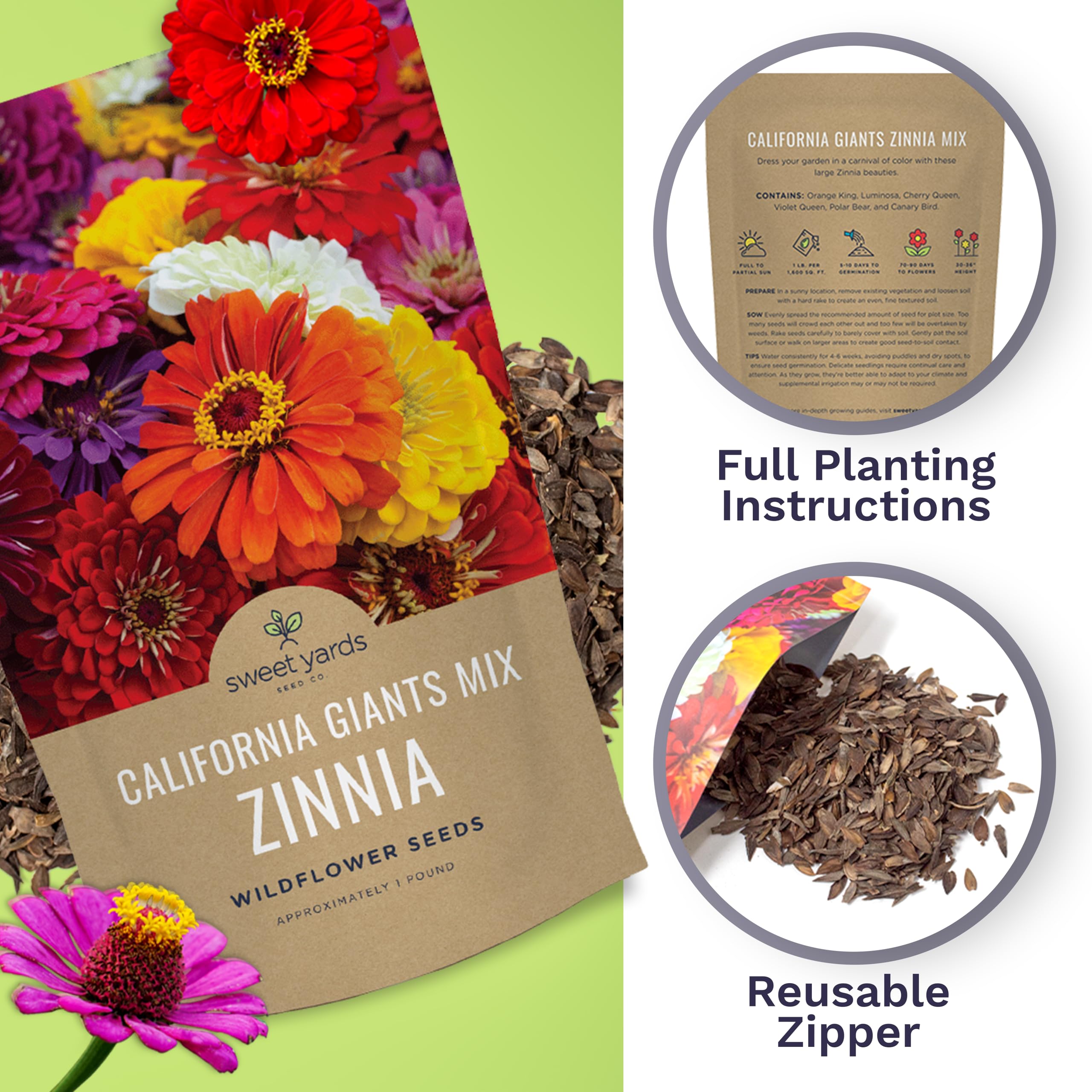 Sweet Yards zinnia mix colors including red, pink, purple, orange, yellow, white