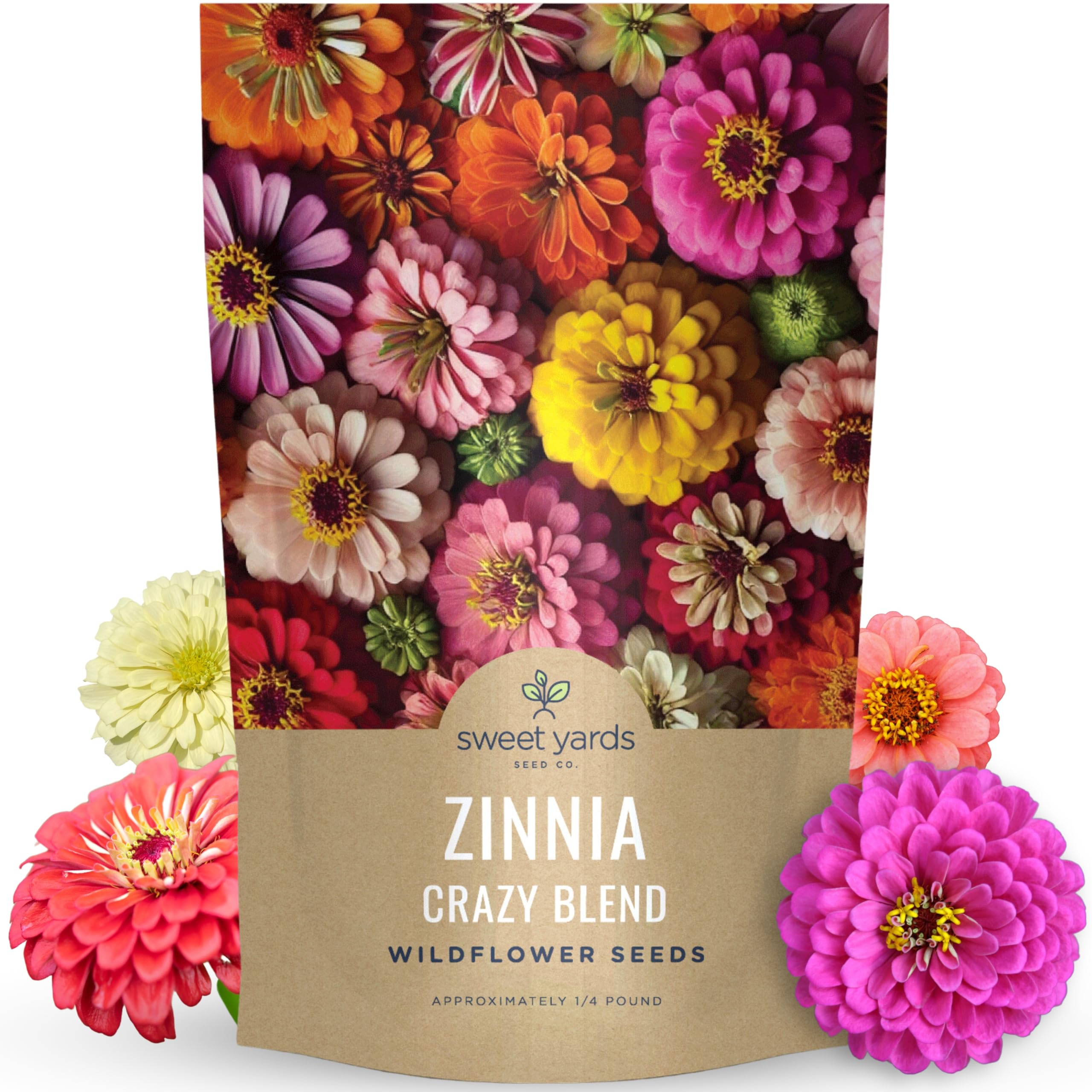 Sweet Yards Zinnia Crazy Blend 4oz pouch with bulk seeds for planting