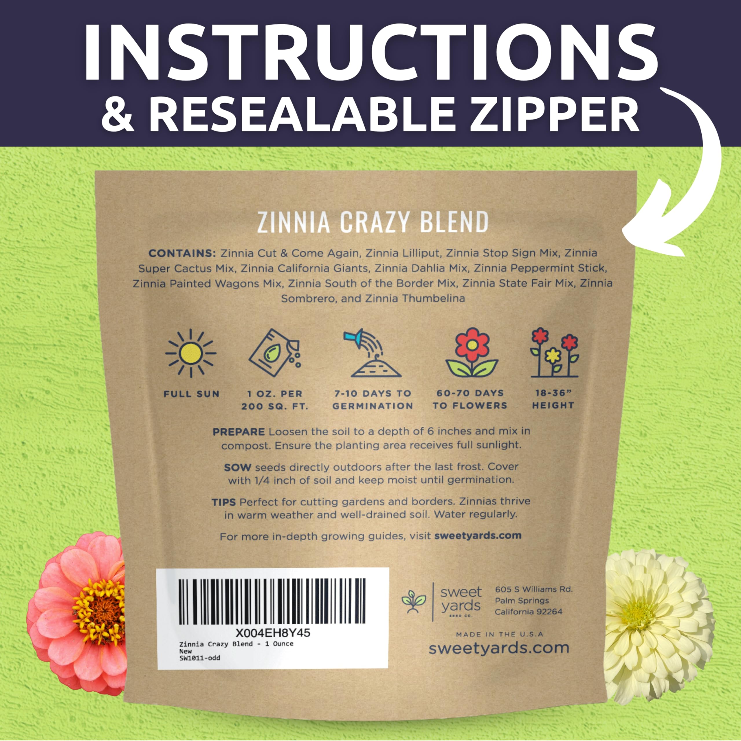 Sweet Yards Zinnia Crazy Blend premium packaging with instructions and zipper