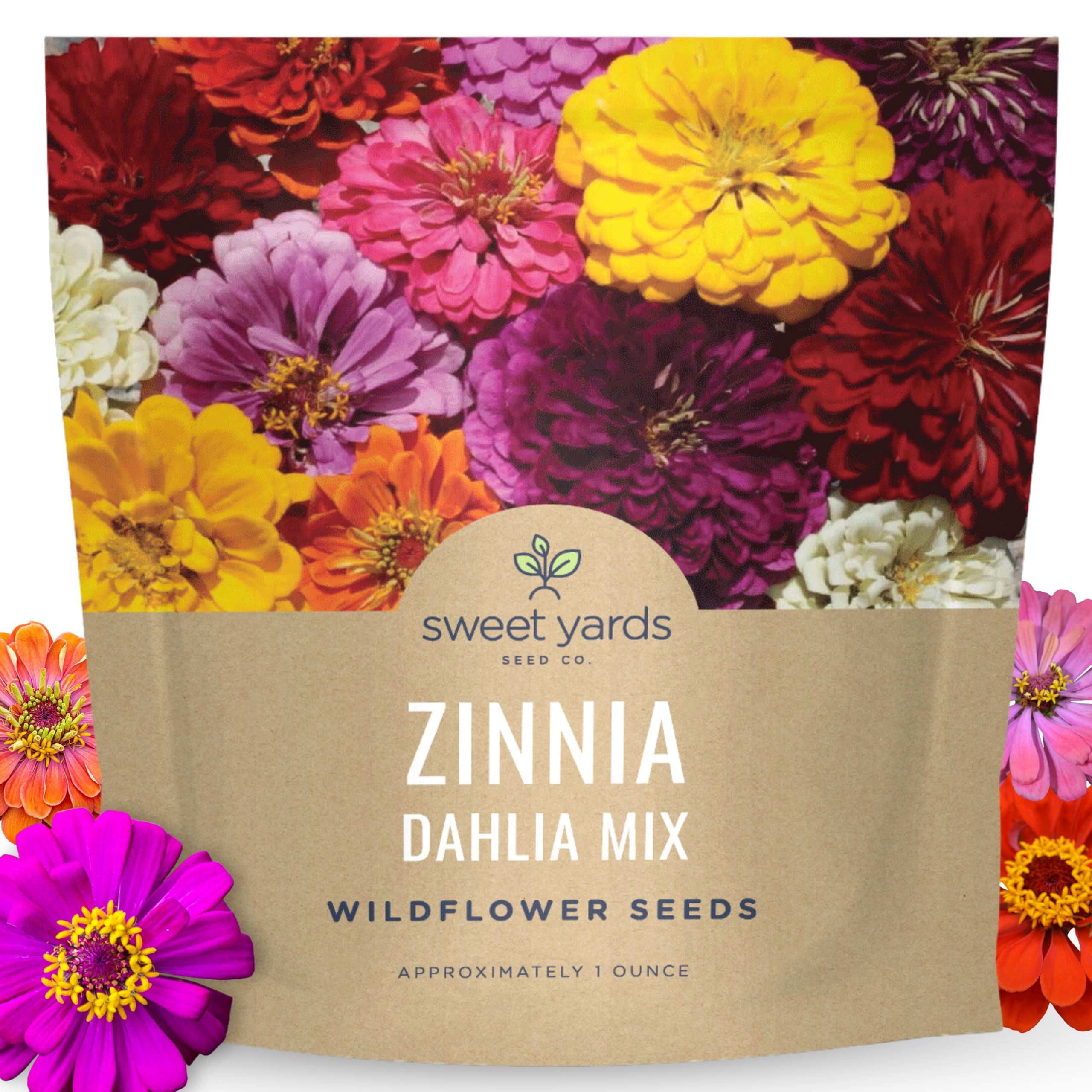 Sweet Yards Zinnia Dahlia Mix seeds in 1oz packet ready for planting and vibrant color.