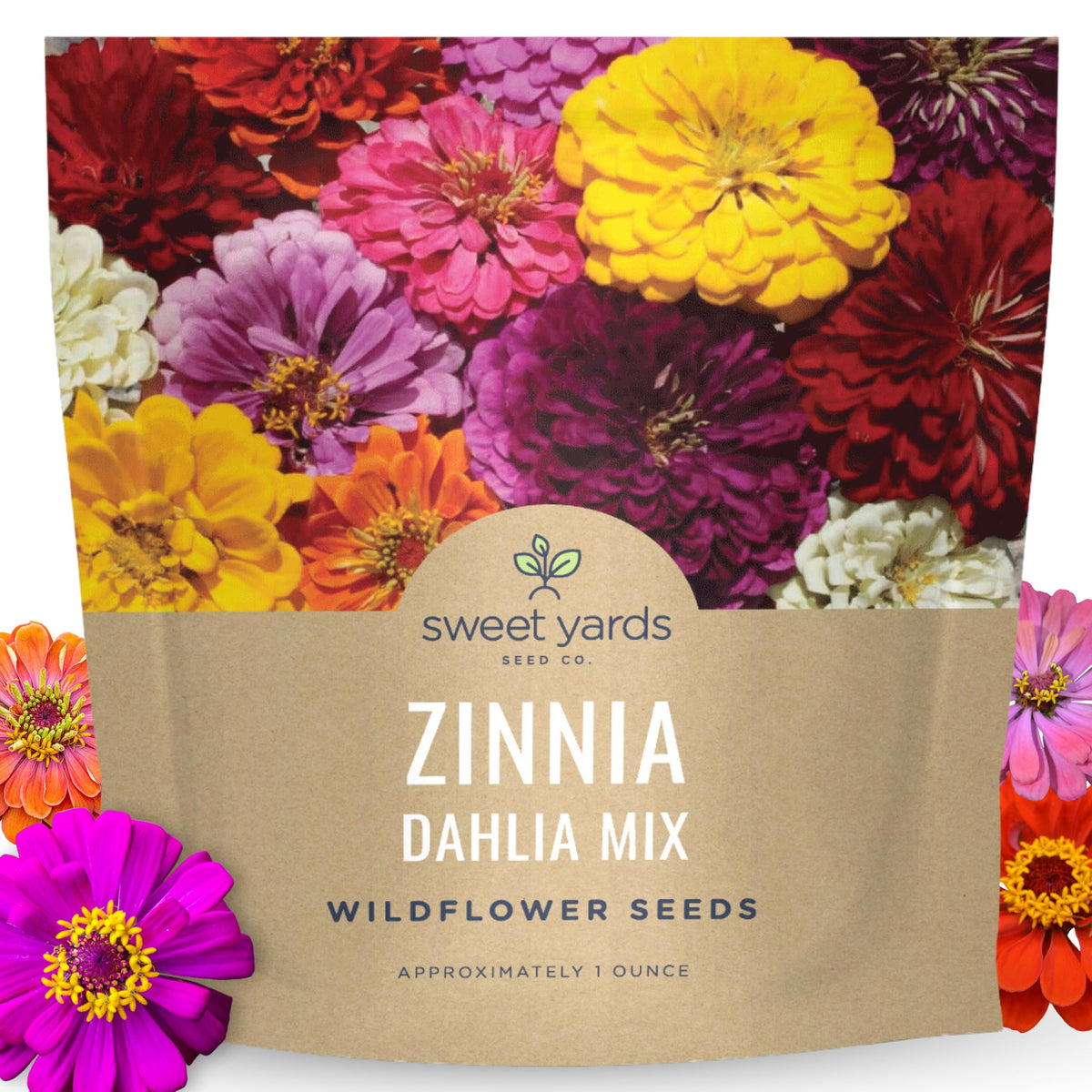 Sweet Yards Zinnia Dahlia Mix seeds in 1oz packet ready for planting and vibrant color.
