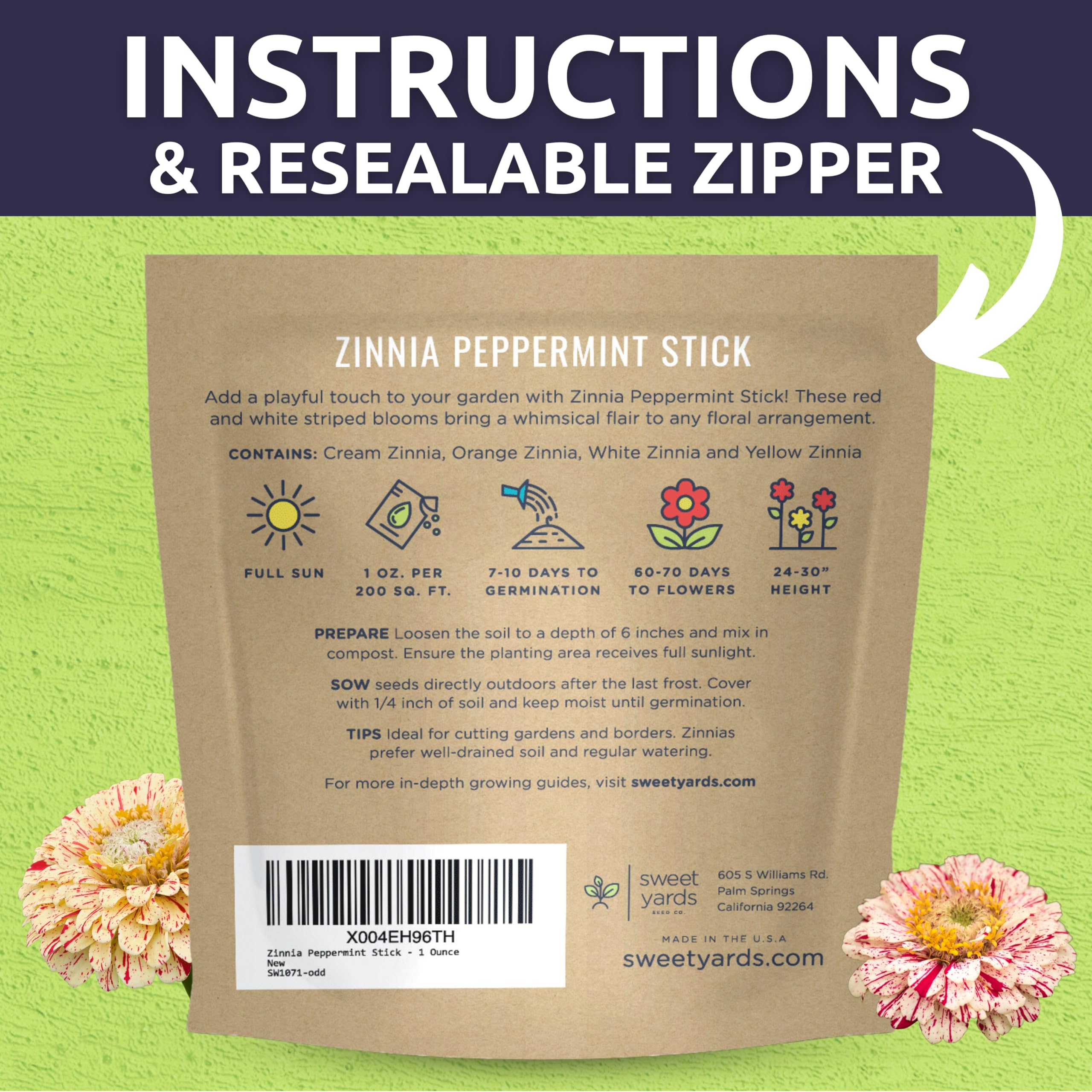 Sweet Yards Zinnia Peppermint Stick ideal for fresh cut arrangements.