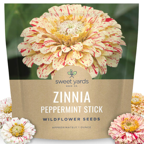 Sweet Yards Zinnia Peppermint Stick seed packet ready for easy planting and vibrant blooms.