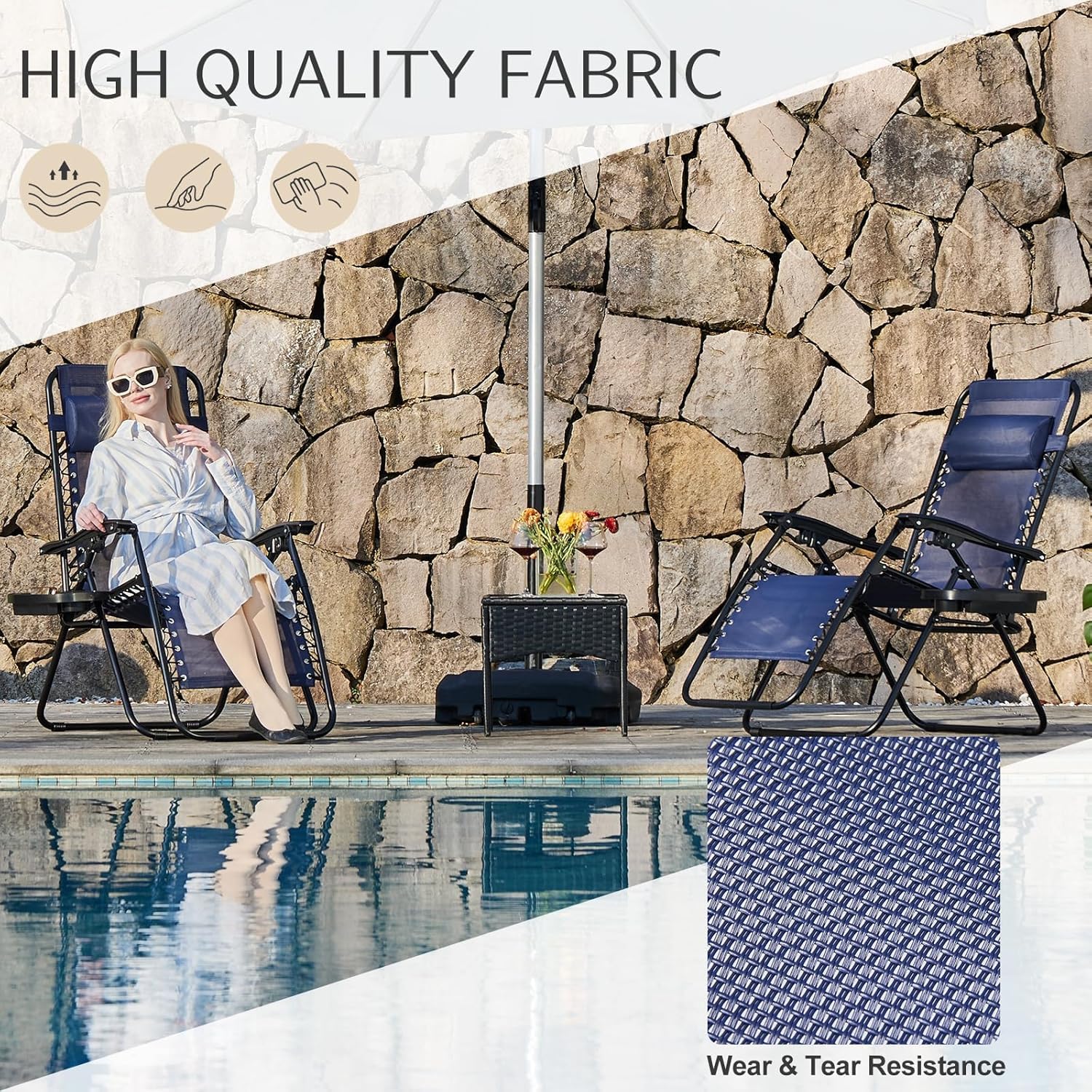Sweetcrispy blue chair set up poolside for sunbathing