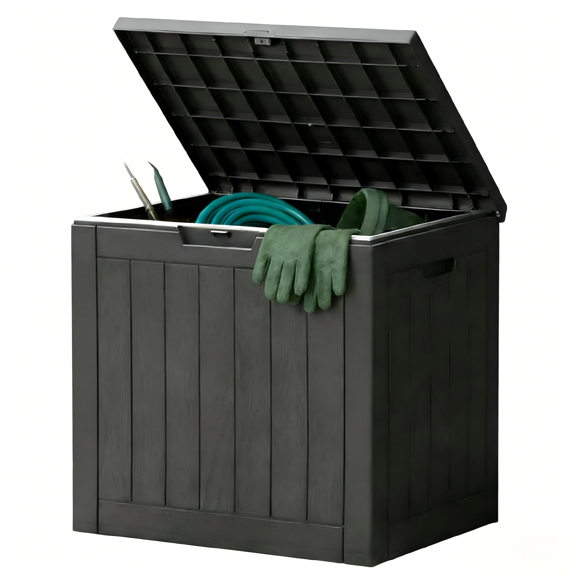 Sweetcrispy deck box showing 31-gallon capacity for outdoor storage