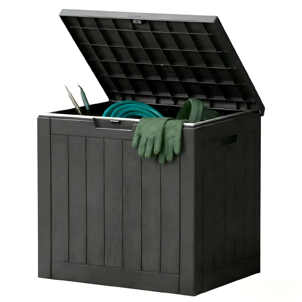 Sweetcrispy deck box showing 31-gallon capacity for outdoor storage
