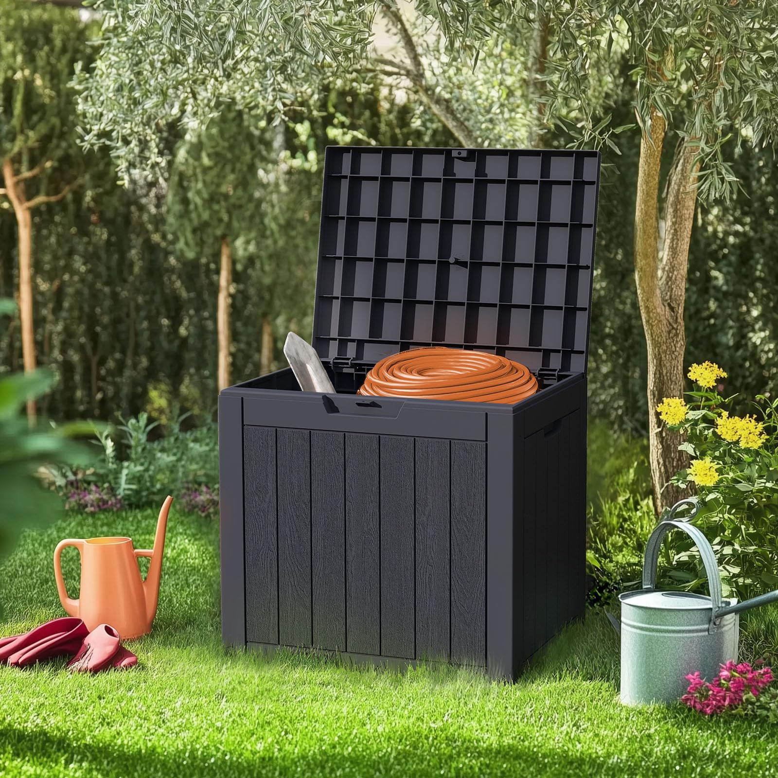 Sweetcrispy deck box storing patio cushions and pool gear