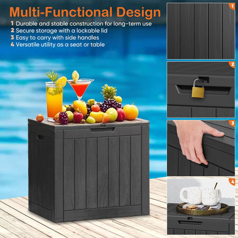 Sweetcrispy deck box used as seating in a garden setting
